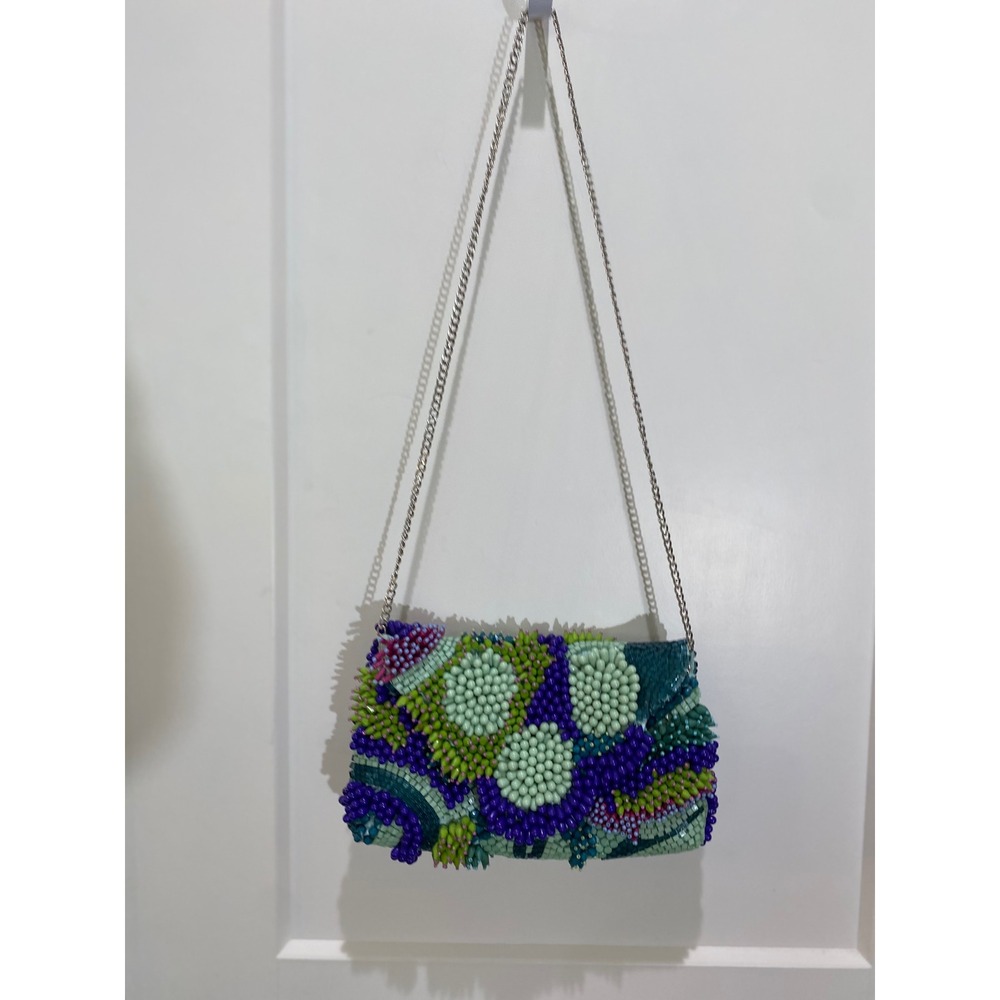 Beaded‎ 3D Botanical Succulent Mosaic Clutch Crossbody Bag Teal Purple Green